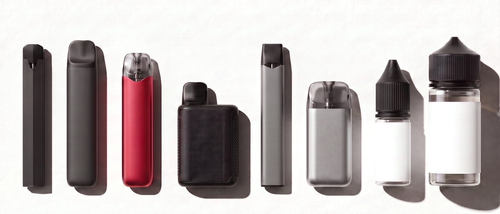 Acht neutrale, unbedruckte Vaping-Produkte in einer Reihe von oben fotografiert: Einweggeräte, Pod-Systeme, Kartusche, 10-ml-Nachfüllbehälter und Shortfill-Flasche